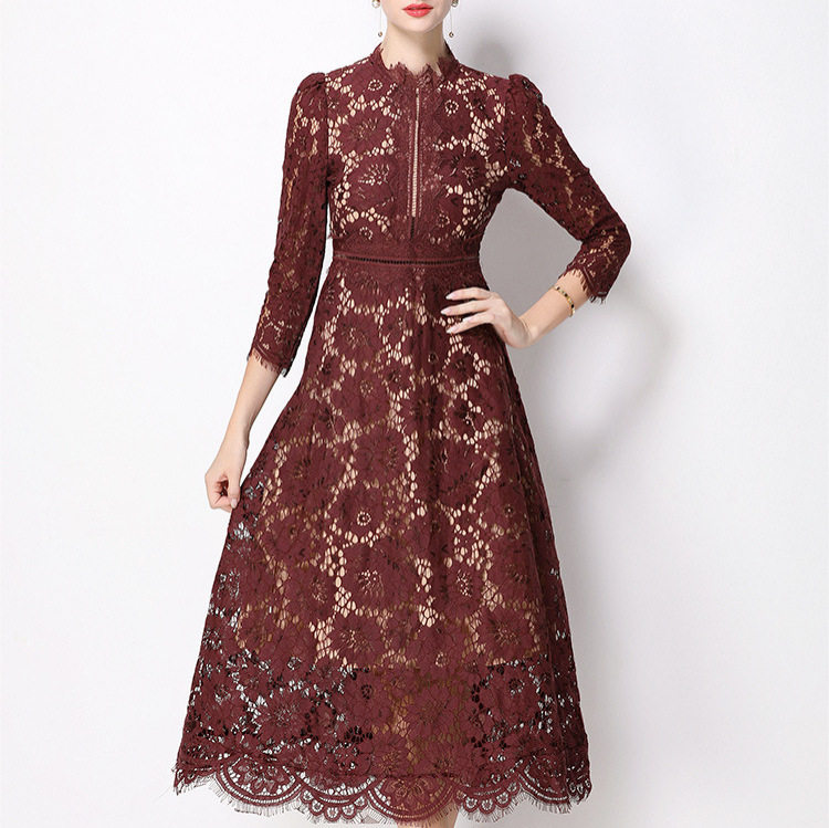 French Elegant A Line Dress Round Neck Hollow Lace Waist Defining Slim Fit Autumn Fashion for Special Occasions