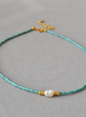 复古文艺法式锁骨链绿松石女珍珠