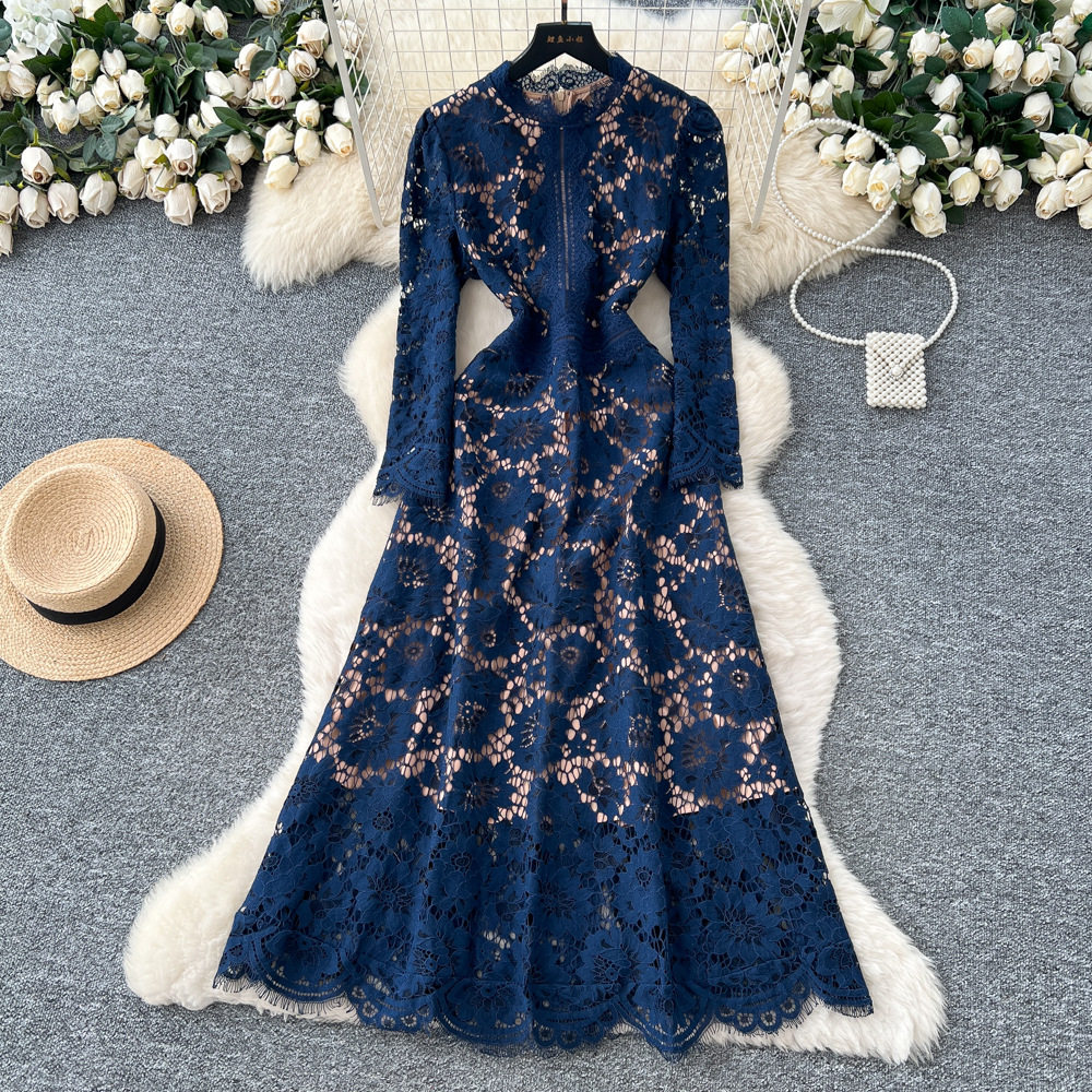 French Style Elegant Lace Dress High End Crochet Design Slim Fit Autumn Fashion Perfect for Formal Occasions