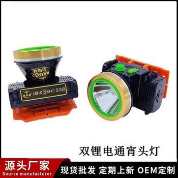 LED strong light double lithium headlight high power 200W outdoor waterproof long-range night fishing lamp head-mounted flashlight