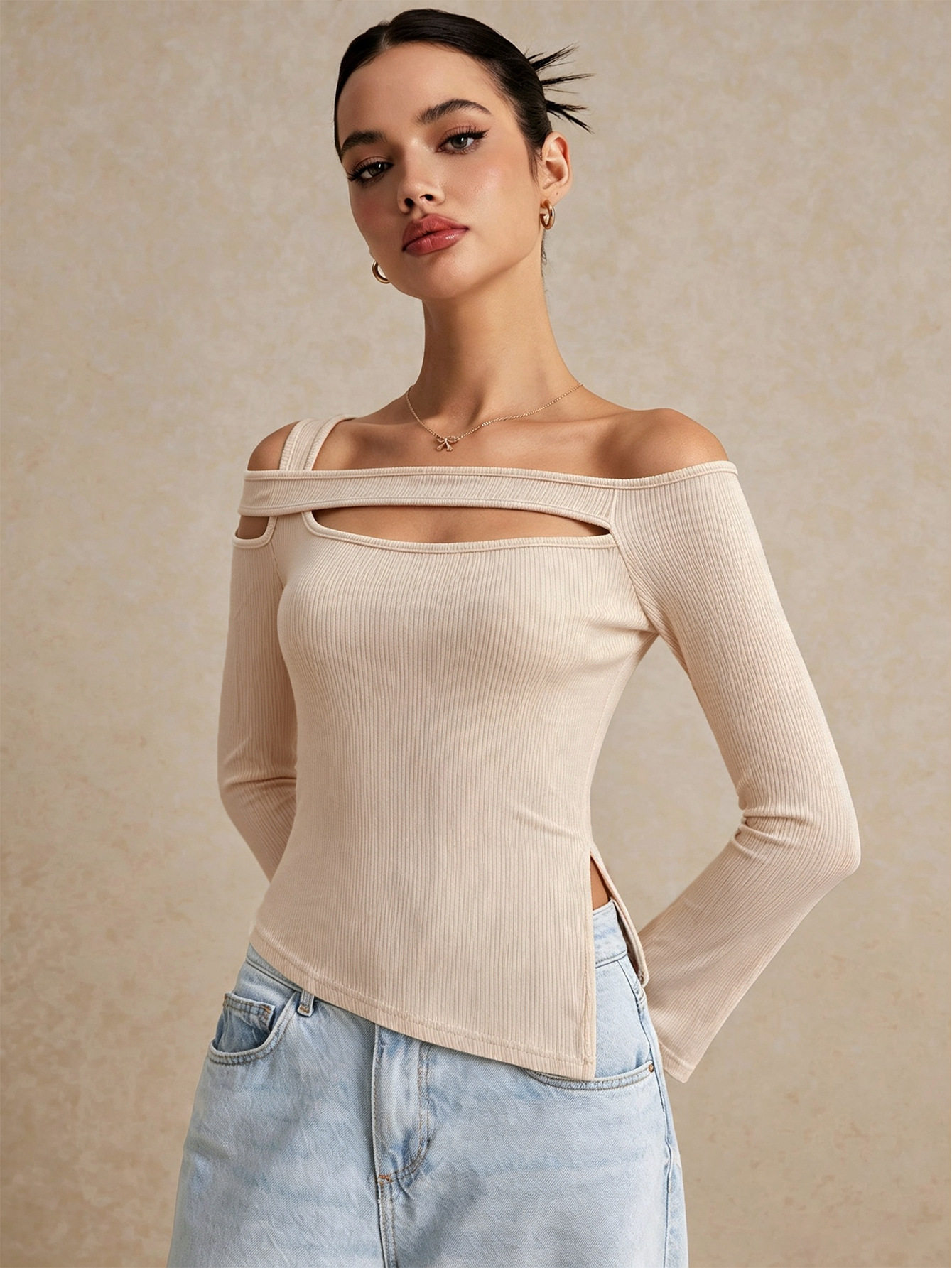 Off Shoulder Hollow Out Knit Top Bell Sleeves Side Slit Slim Fit Autumn Winter Fashion Wholesale Available