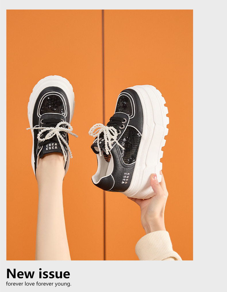 Giày sneaker nữ chunky đế dày trắng phối lưới thoáng khí — Trắng, Đen chi tiết 14
