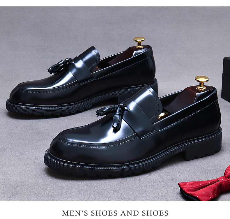 Giày công sở nam da bò đế dày tua rua tăng chiều cao — Màu đen, Màu đỏ rượu