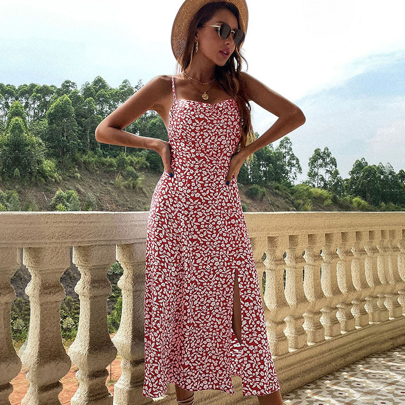 Elegant Floral Print Slip Dress Slim Fit Spaghetti Straps Side Slit Summer Occasion Wholesale Available