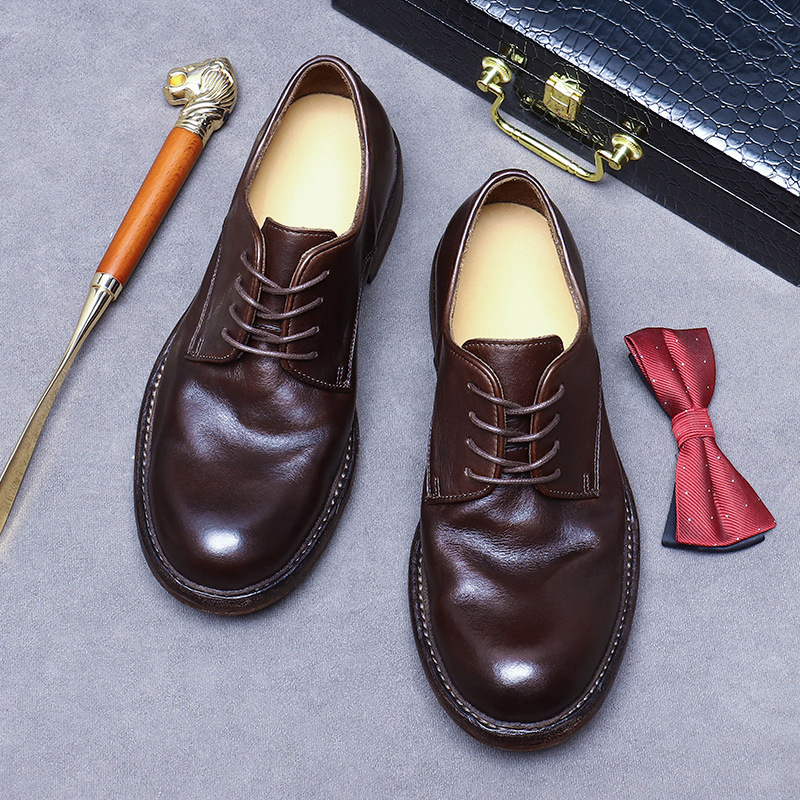 Giày Derby nam da bò thật đế da khâu Goodyear mũi tròn — Màu nâu