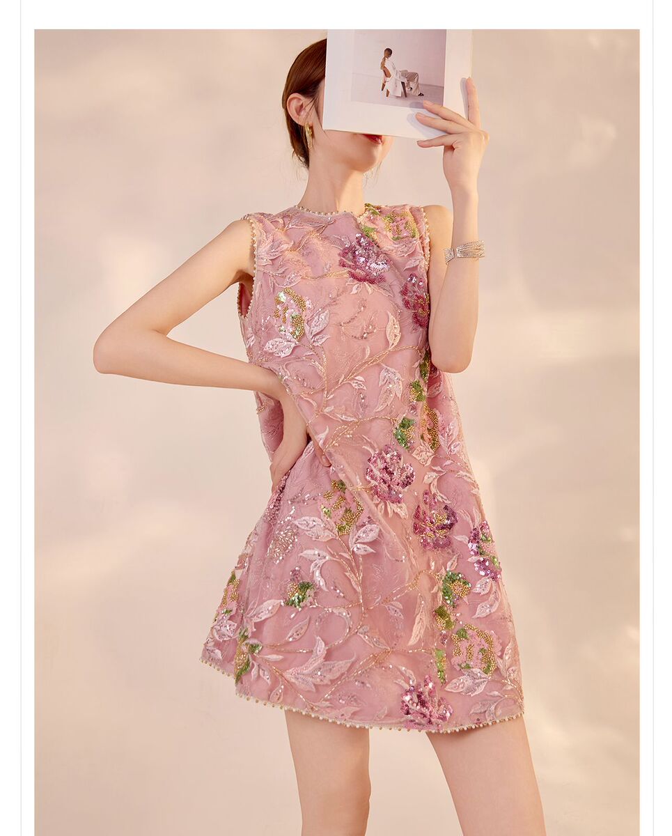Đầm liền thêu cao cấp không tay dáng chữ A phối sequin lấp lánh — Bột Begonia (giao hàng trong 7 ngày), Bột Begonia (phát hành trong cùng ngày)