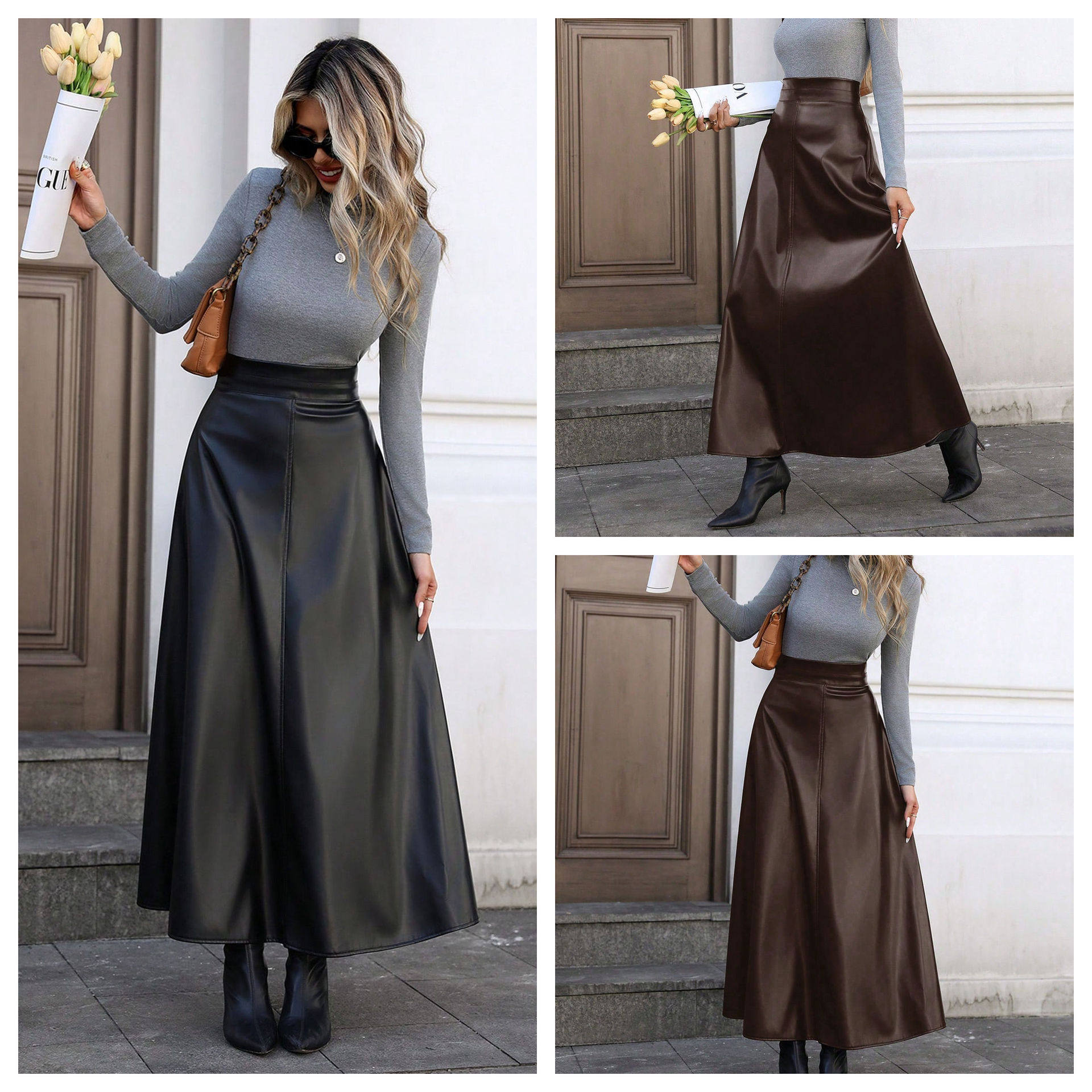 A Line PU Leather Midi Skirt Flattering Fit Flared Hem Plus Size Casual or Evening Wear Wholesale Available