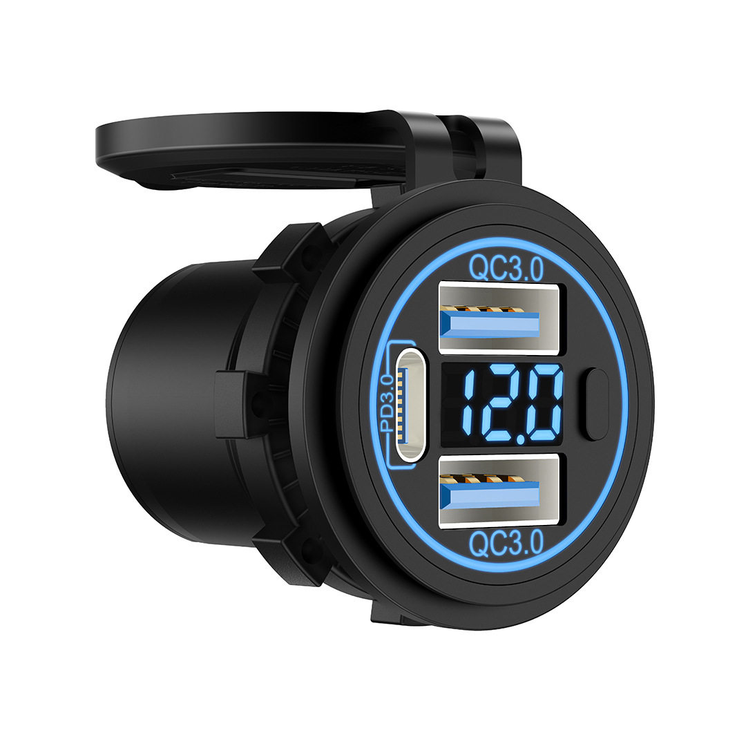 Three-Port Fast Charging Modified Car Charger Waterproof Digital Display with Switch for Ships, Buses, Rvs, and Vehicles