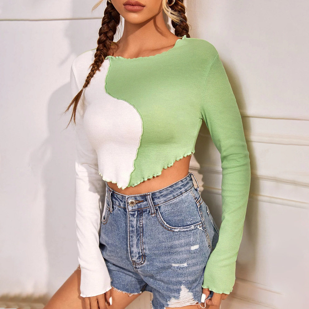 Color Blocked Slim Fit Long Sleeve T Shirt Womens Fashion Top Versatile Casual Wear Ready to Ship