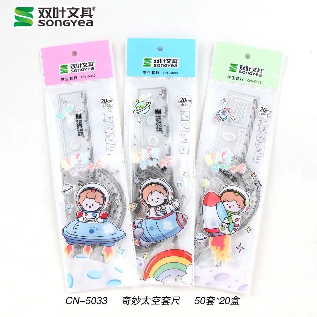 Cartoon Student Ruler Test suit Transparent Set Ruler Four-Piece Set 20cm Straight Ruler Cute School Supplies Stationery