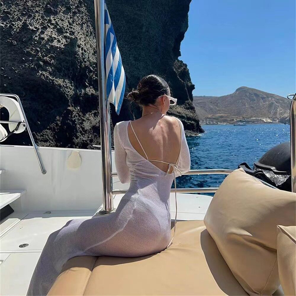 Long Sleeve Backless Dress Round Neck Beachwear Summer Style Sexy Design Wholesale Available