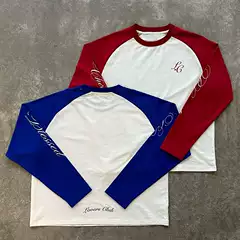 Korean Cross-Border Trendy Brand Creative Letter Print Men's and Women's Casual Versatile Loose Color-Blocked Raglan Long-Sleeved T-Shirt
