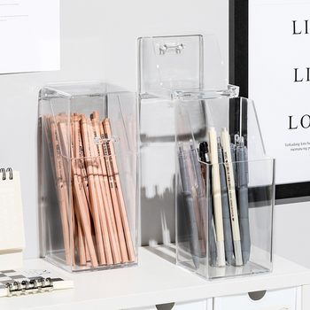 Multifunctional Acrylic Cosmetic Brush Storage Cylinder with Lid Dustproof Ins Transparent Eyebrow Pen with Pearl Storage Bucket Finishing