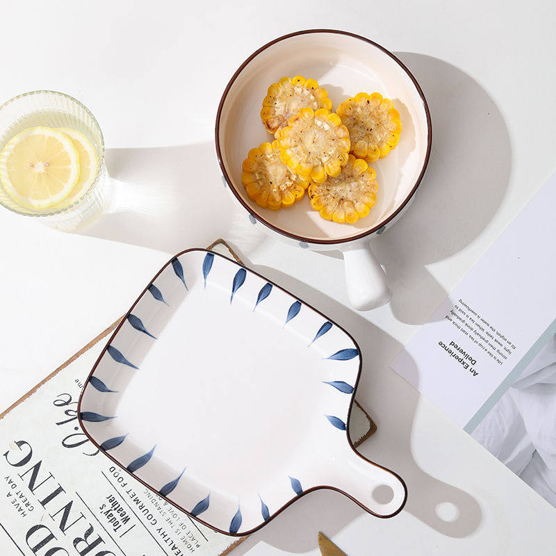 Japanese-Style Chiba Hand-Painted Handle Plate Bowl Instant Noodle Bowl Creative Trendy Oven-Safe Ceramic Tableware Set High Temperature Resistant