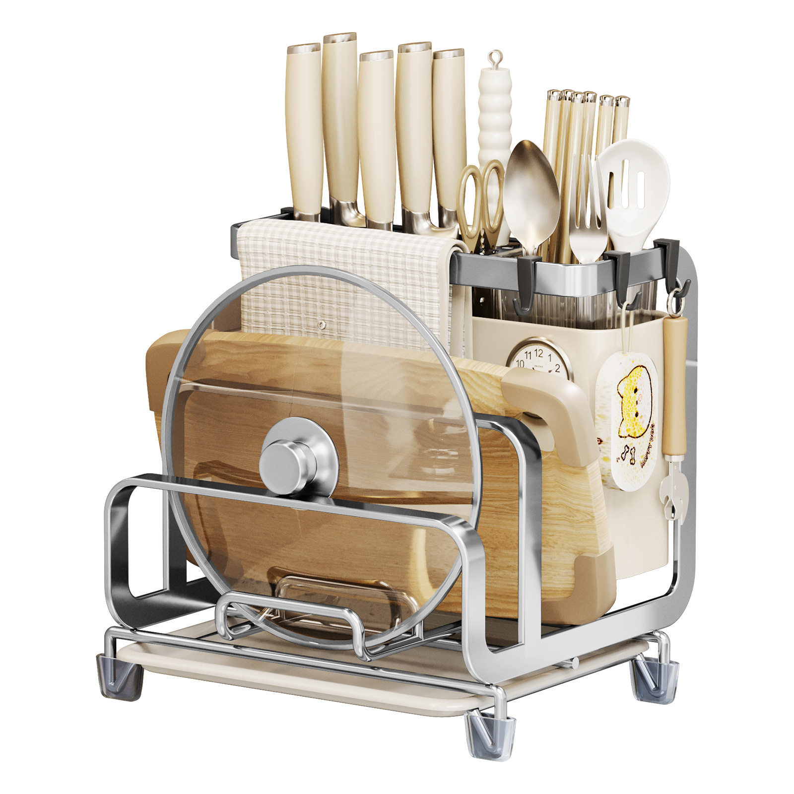 Household Multifunctional Knife Holder Cream Style Kitchen High-End Cutting Board Holder Knife Holder Chopstick Cage Integrated Drain Storage Rack