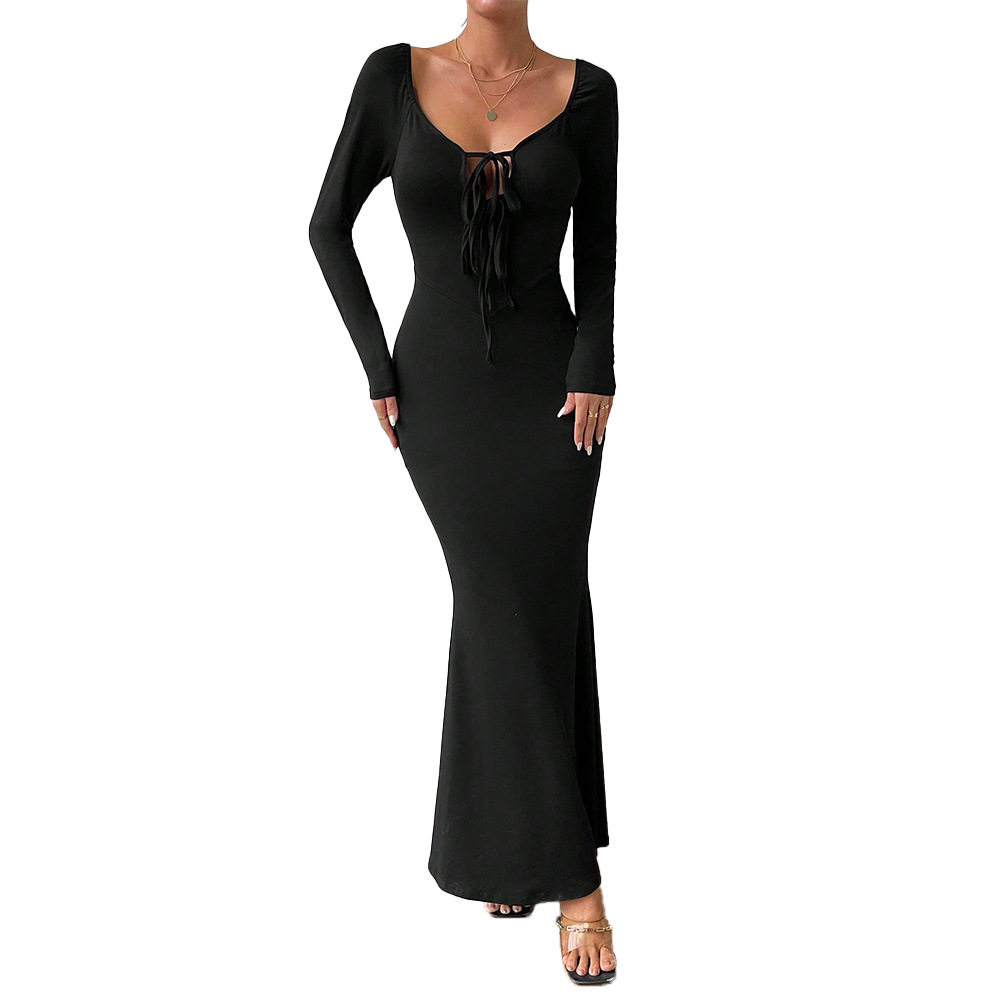Elegant Long Sleeve Bodycon Dress with Deep U Neck and Front Tie Sexy Slim Fit Chic Style for Evening Events