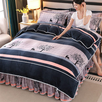 Milk Velvet Bed Skirt Four-Piece Winter Quilt Cover Thickeneded Double-Sided Velvet Bed Sheetss Coral Flannel Bedding