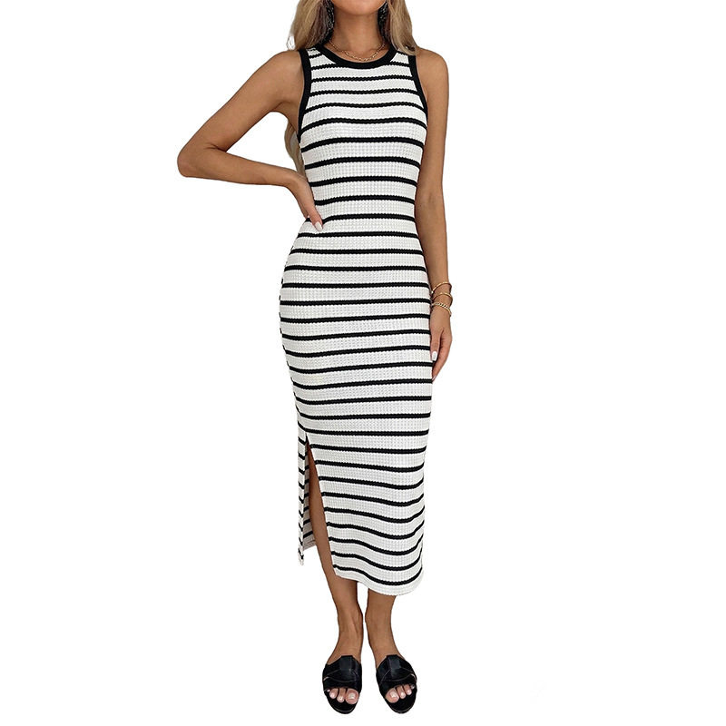 Sleeveless Knitted Bodycon Dress Striped Minimalist Design Side Slit Summer Casual Wear Wholesale Available