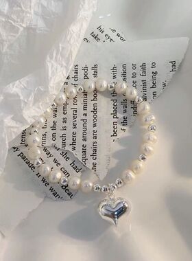 S925银手链手串女淡水珍珠爱心圆球吊坠小众设计简约首饰品