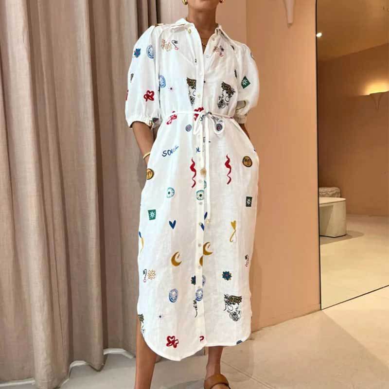 White Printed Lapel Shirt Dress with Tie Spring Collection Womens Fashion Wholesale Available