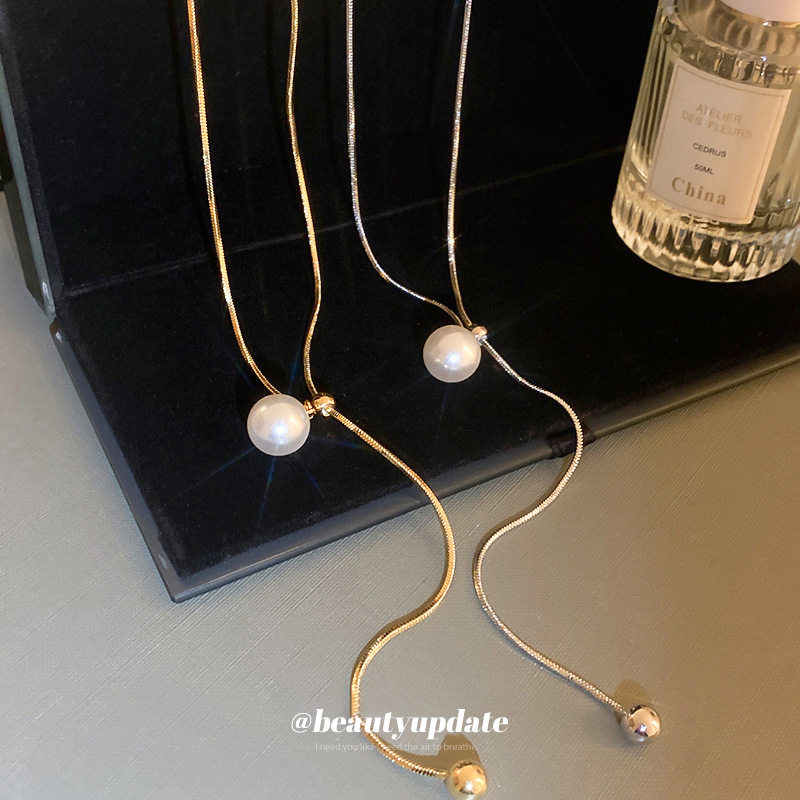 Simple ins Style Pearl Snake Chain Round Beads Adjustable Necklace Internet Celebrity Elegant Clavicle Chain Fashionable Light Luxury Women's Necklace