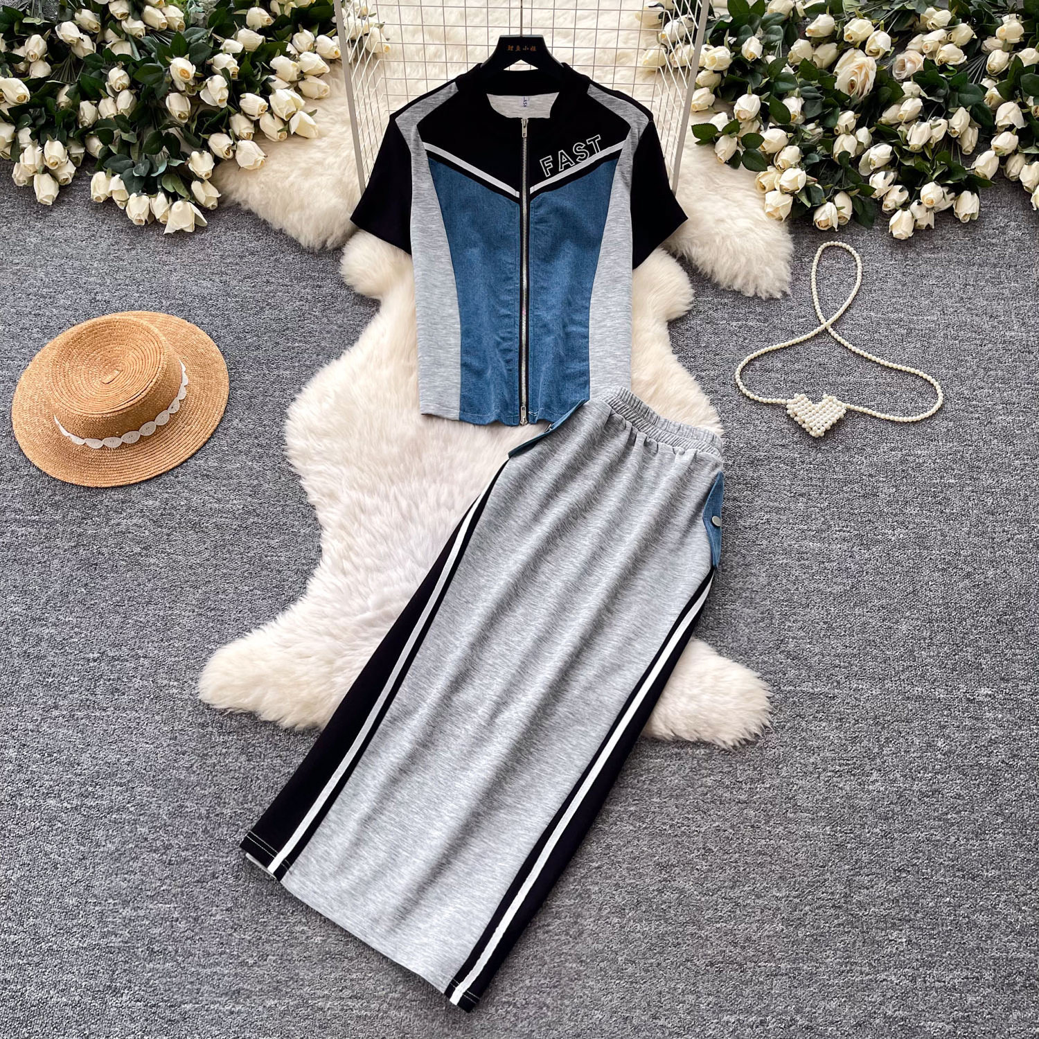 Fashion Color Block Striped Short Sleeve Two Piece Set Slim Fit High Waist Casual Style Summer Office Wear