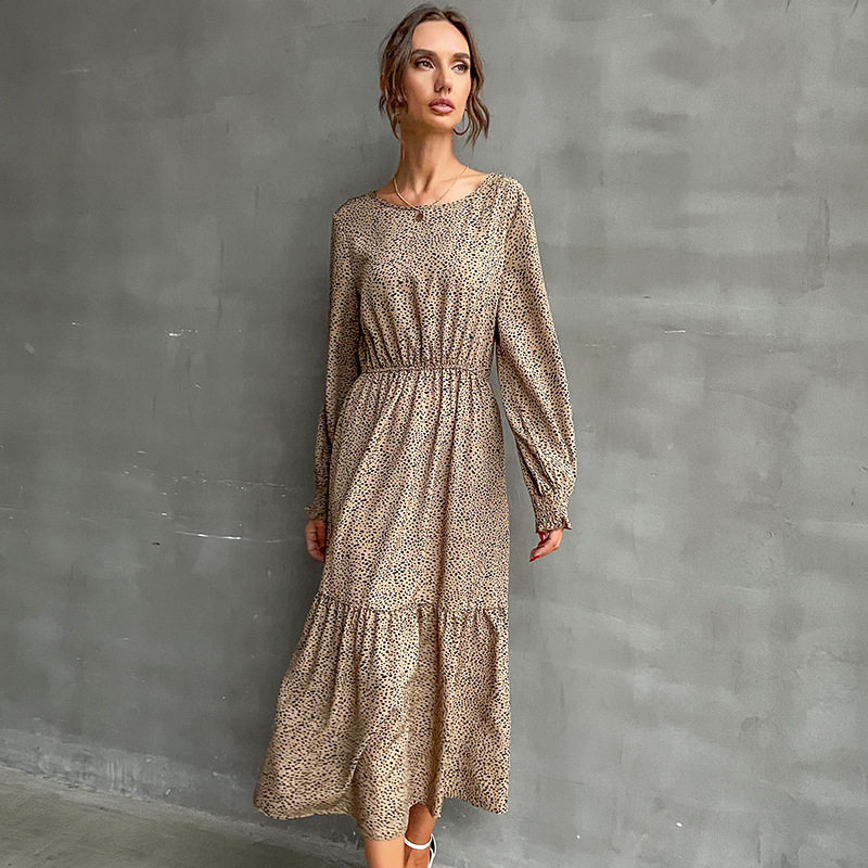 Leopard Print Long Sleeve Maxi Dress Round Neck Fashionable Autumn Winter Wholesale Available