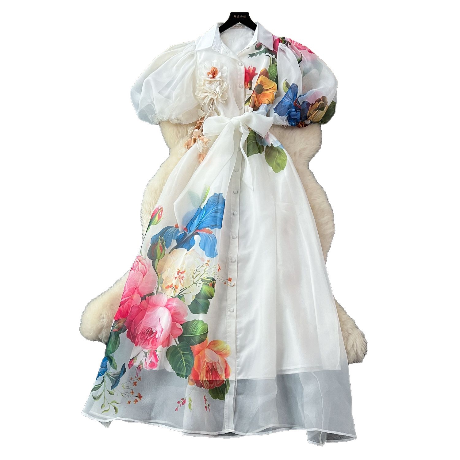 French Elegant Summer Dress Corset Tie Waist 3D Floral Design Lantern Sleeves Printed Tulle Perfect for Parties and