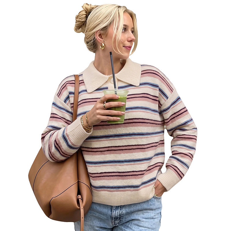 French Style Colorful Striped Long Sleeve Sweater for Women Relaxed Fit Classic Collar Versatile Fashion OEM Available