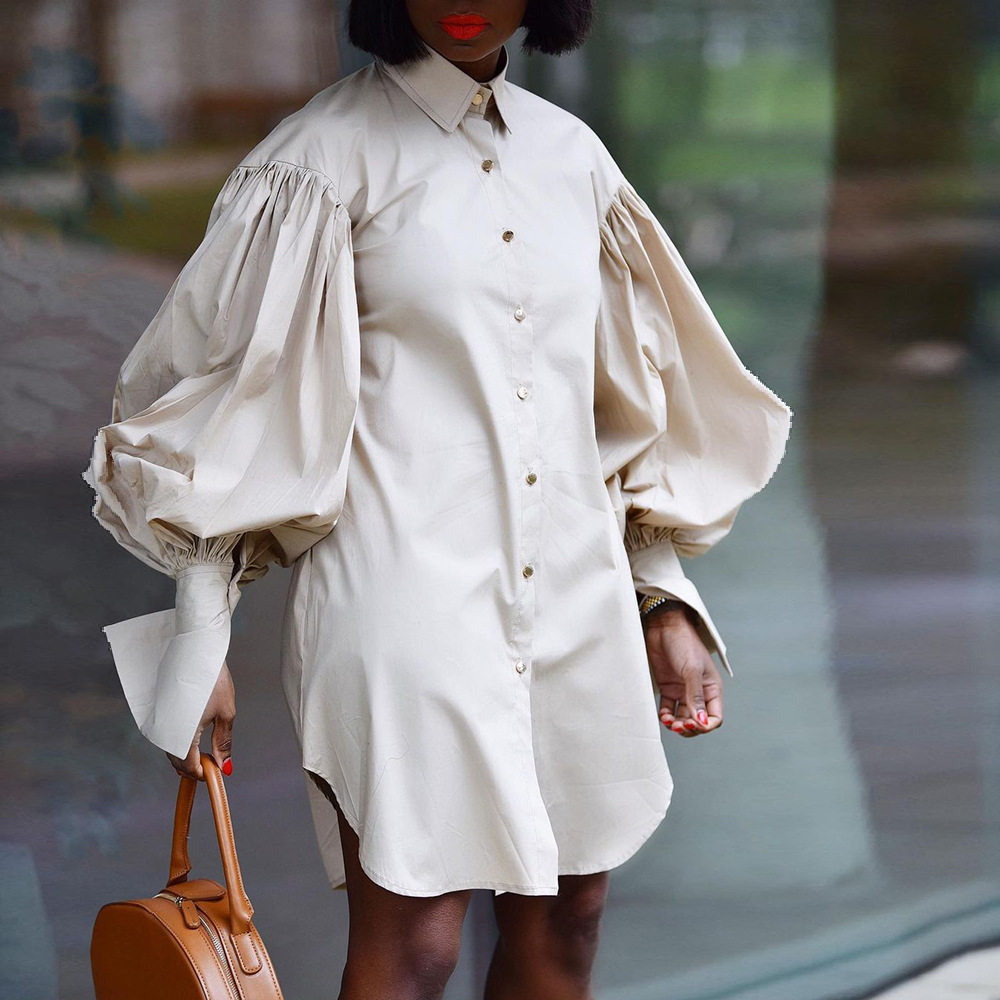Plus Size Womens Casual Long Sleeve Shirt Dress Loose Fit Solid Color Puff Sleeves Everyday Wear Wholesale