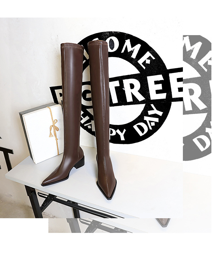 Boot nữ cổ cao quá gối gót vuông mũi nhọn phong cách thanh lịch — Màu cà phê, Màu đen, Màu Kaki