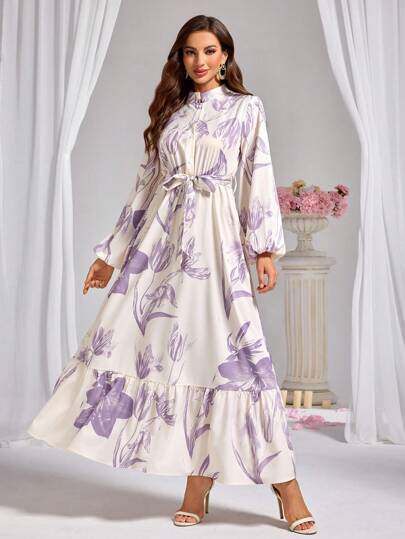 Modelyn Womens Floral Print Stand Collar Lantern Sleeve Ruf