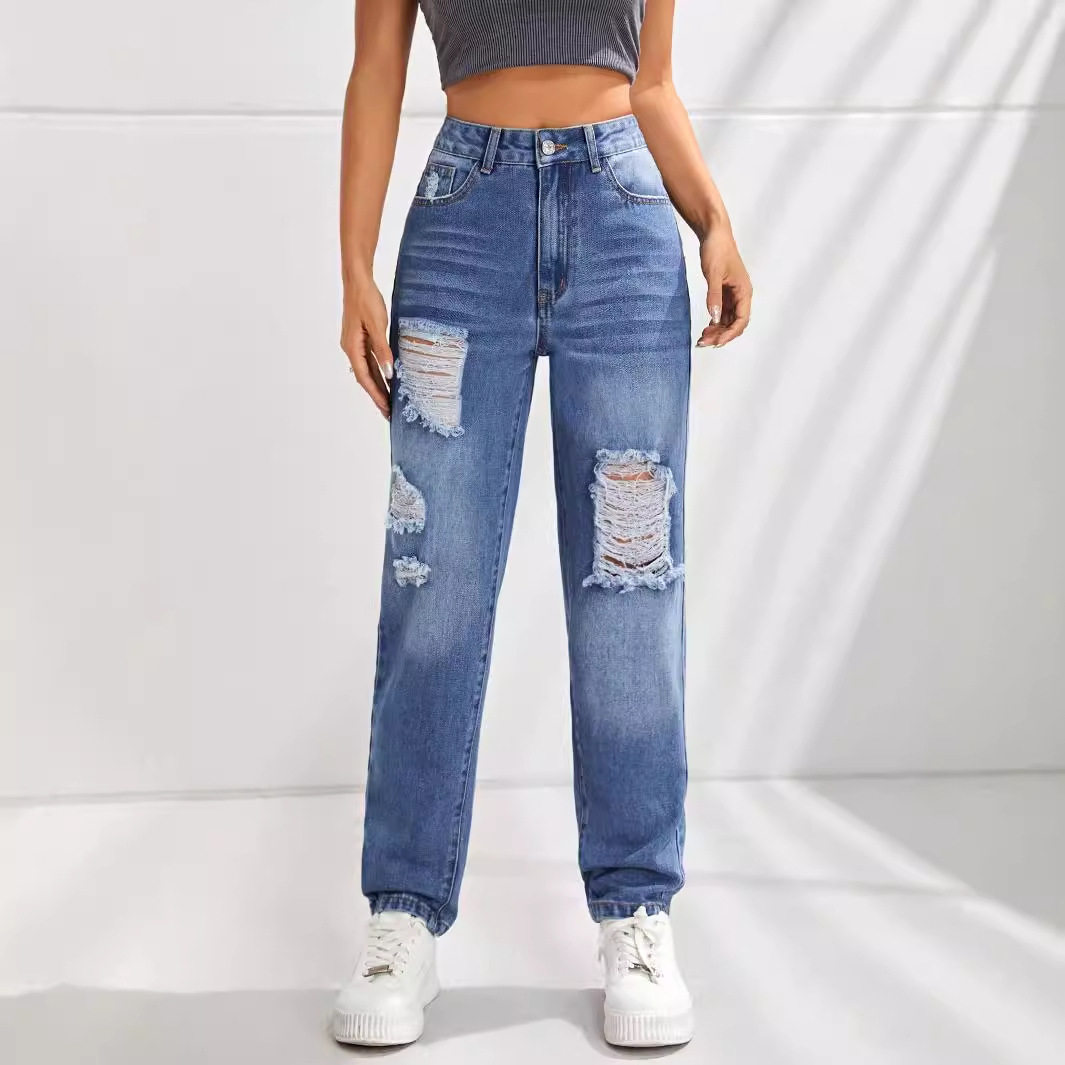 Womens Casual Slim Fit Ripped Straight Leg Jeans Comfortable Denim Fabric Perfect for Everyday Wear Wholesale Available