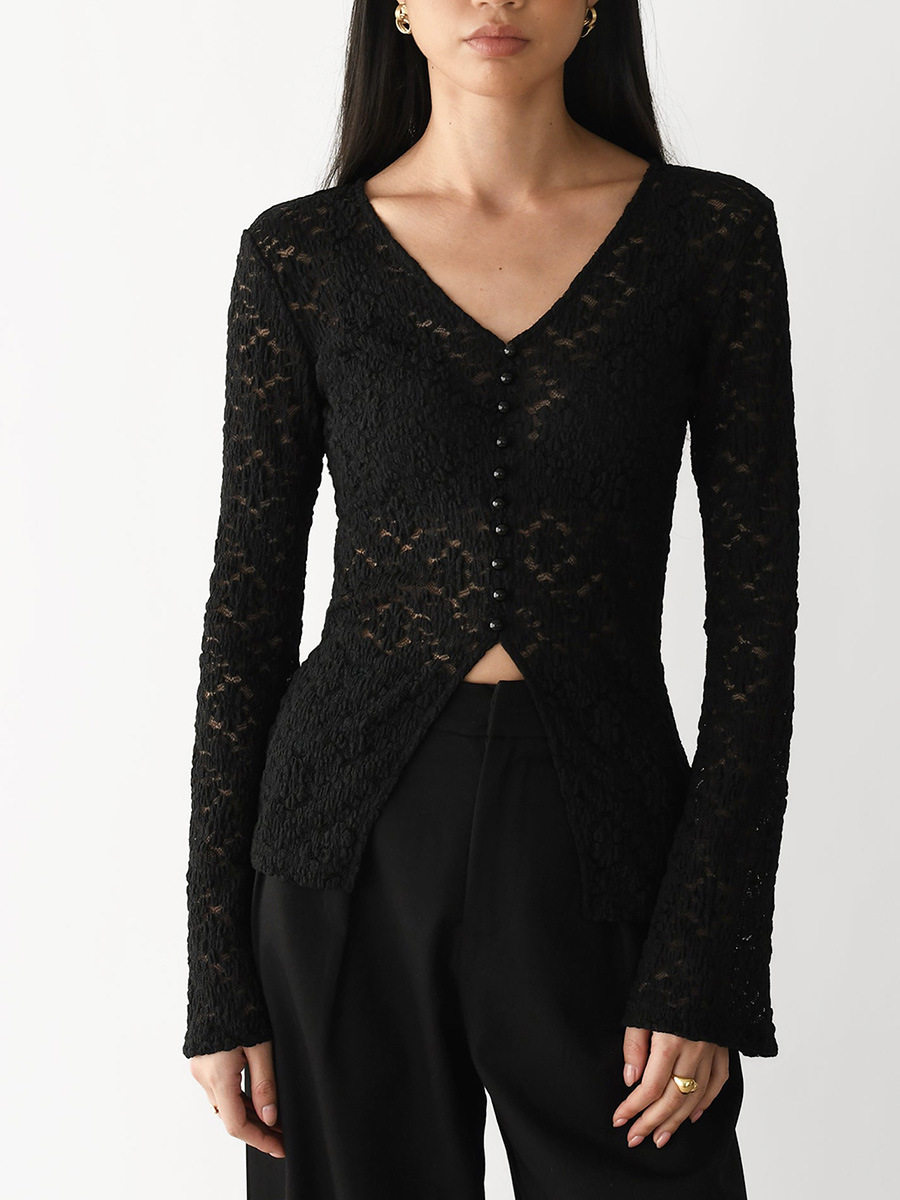 Lace Hollow Out Top Pearl Button Split Design Fitted Bell Sleeve Elegant Casual Wear for Women Wholesale Available