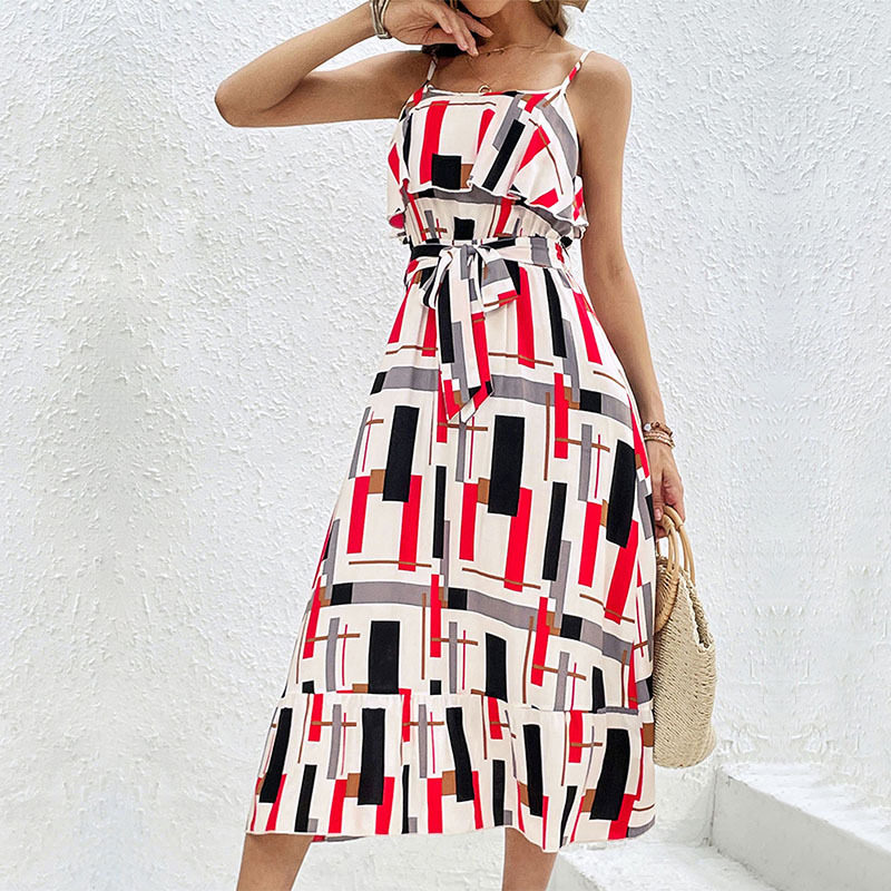 Elegant Ruffled Hem Geometric Print Maxi Dress Colorful Trendy Sleeveless Perfect for Summer Events Wholesale