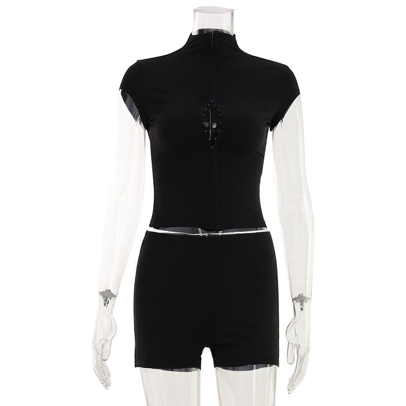 Fashionable Womens Two Piece Set Slim Fit Top with Hidden Buttons Solid Color Shorts Casual Summer Wear Wholesale