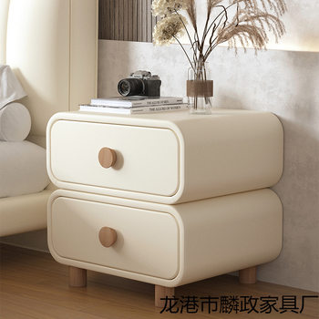 Cream Style Bedside Table Bedroom Solid Wood Leather Bedside Cabinet Simple Modern Very Simple Installation-Free Small Storage Cabinet