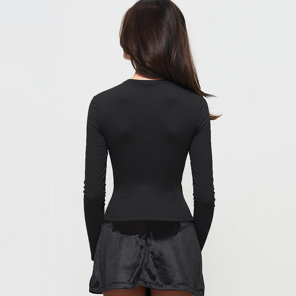 Black Womens Top Unique Design Square Neckline M Shaped Metal Buckle Ruffled Details Slim Fit Long Sleeve