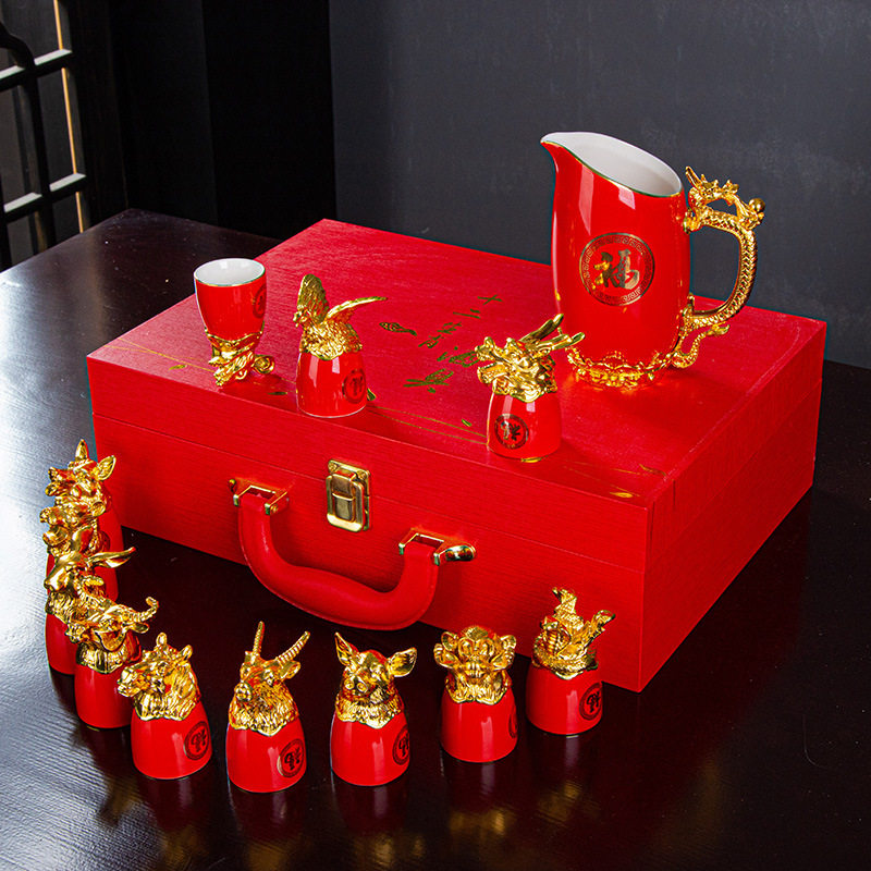 Small mouth ceramic wine set 12 zodiac animal head high-grade suit gold-plated gift wine glass wine dispenser white wine yellow wine warm