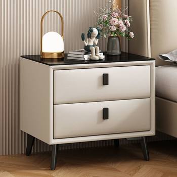 Leather Bedside Table Modern Simple Home Light Luxury Small Multi-Functional Solid Wood Bedroom Storage Bedside Cabinet Storage Cabinet