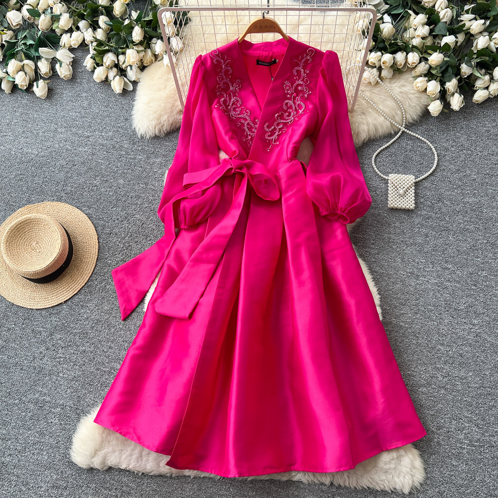 Elegant V Neck Embroidered Dress Lightweight Fabric Long Sleeves Waist Tie A Line Silhouette Summer Occasion