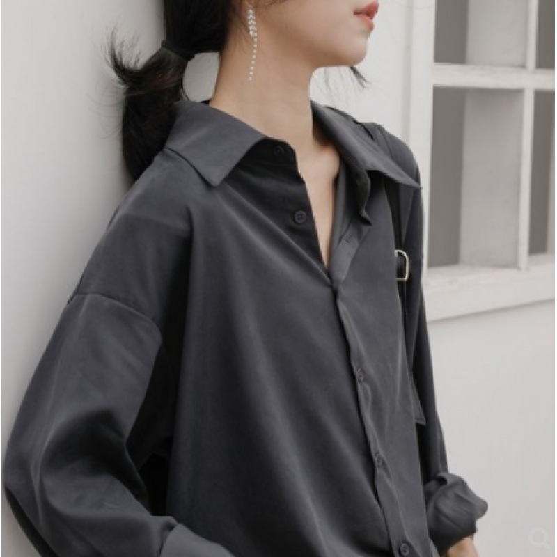 Wind Retro Texture Droop Sense Gray Shirt Female Loose Long sleeve Lazy Autumn Harbor Taste Stacked Wear Shirt  冷淡风复古质感垂感灰色衬衫女宽松长袖慵懒秋装港味叠穿衬衣 Wind Retro Texture Droop Sense Gray Shirt Female Loose Long sleeve Lazy Autumn Harbor Taste Stacked Wear Shirt 