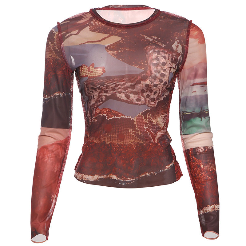 Fashionable Womens Long Sleeve T Shirt Black Mesh Floral Print Round Neck Spring Summer Style Wholesale Available