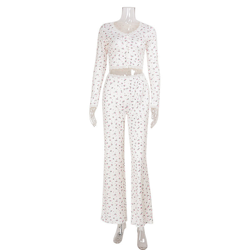 Floral Print Two Piece Set Lace Trim Long Sleeve Comfortable Fabric Casual Wear for Young Women Wholesale Available