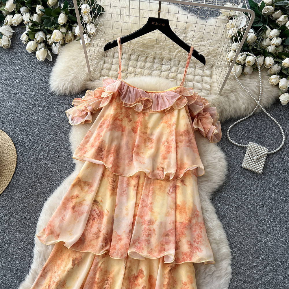 French Vacation Style Floral Ruffled Cami Dress for Women Summer Cake Skirt Unique Design Elegant Look Wholesale