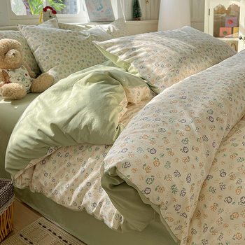 Class a Washed Cotton Fresh Floral Print Four-Piece Set Student Dormitory Bed Sheet Fitted Sheet Duvet Cover Three-Piece Set Home Textile Wholesale