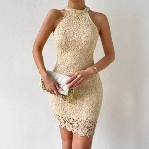 Sleeveless Lace Trim Dress Slim Fit Solid Color Elegant Design Perfect for Autumn Events Wholesale Available