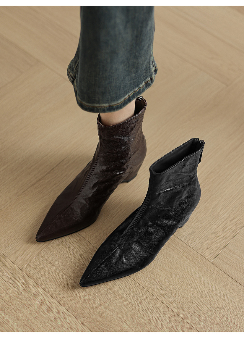 Boot nữ cổ thấp mũi nhọn da cừu thật gót vừa khóa kéo sau — Lớp lót đơn màu đen, Lớp lót đơn màu nâu, Lót nhung đen, Lót nhung màu nâu