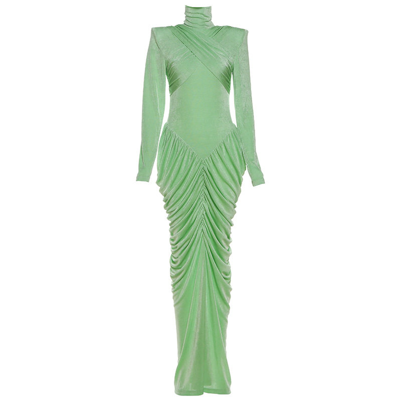 High Neck Long Sleeve Bodycon Dress Solid Color Ruffled Design Elegant Style Autumn Winter Fashion Wholesale