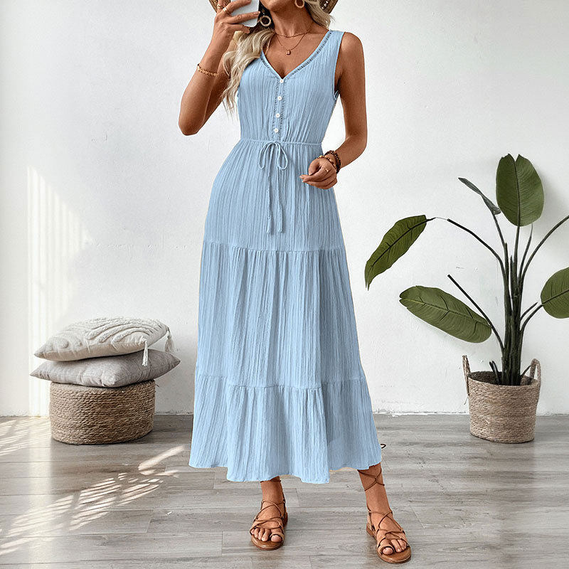 Sleeveless V Neck Summer Dress Minimalist Design Solid Color Adjustable Tie Casual Wear for Women OEM Available